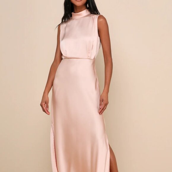 Classic Elegance Blush Satin Sleeveless Mock Neck Maxi Dress - Picture 1 of 3
